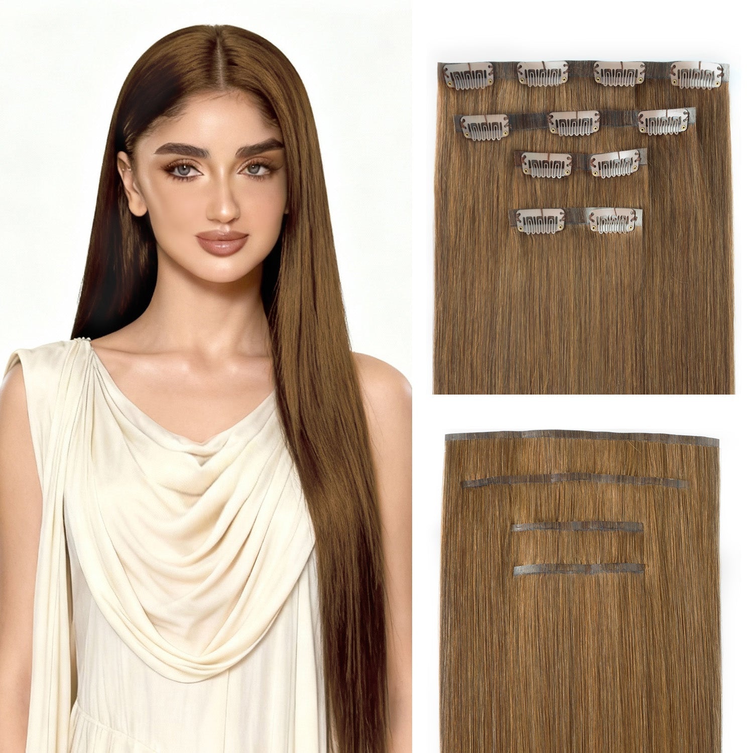 RICH COCO 4Pcs Seamless Clip-in Hair -100% Human Brown Hair Extensions