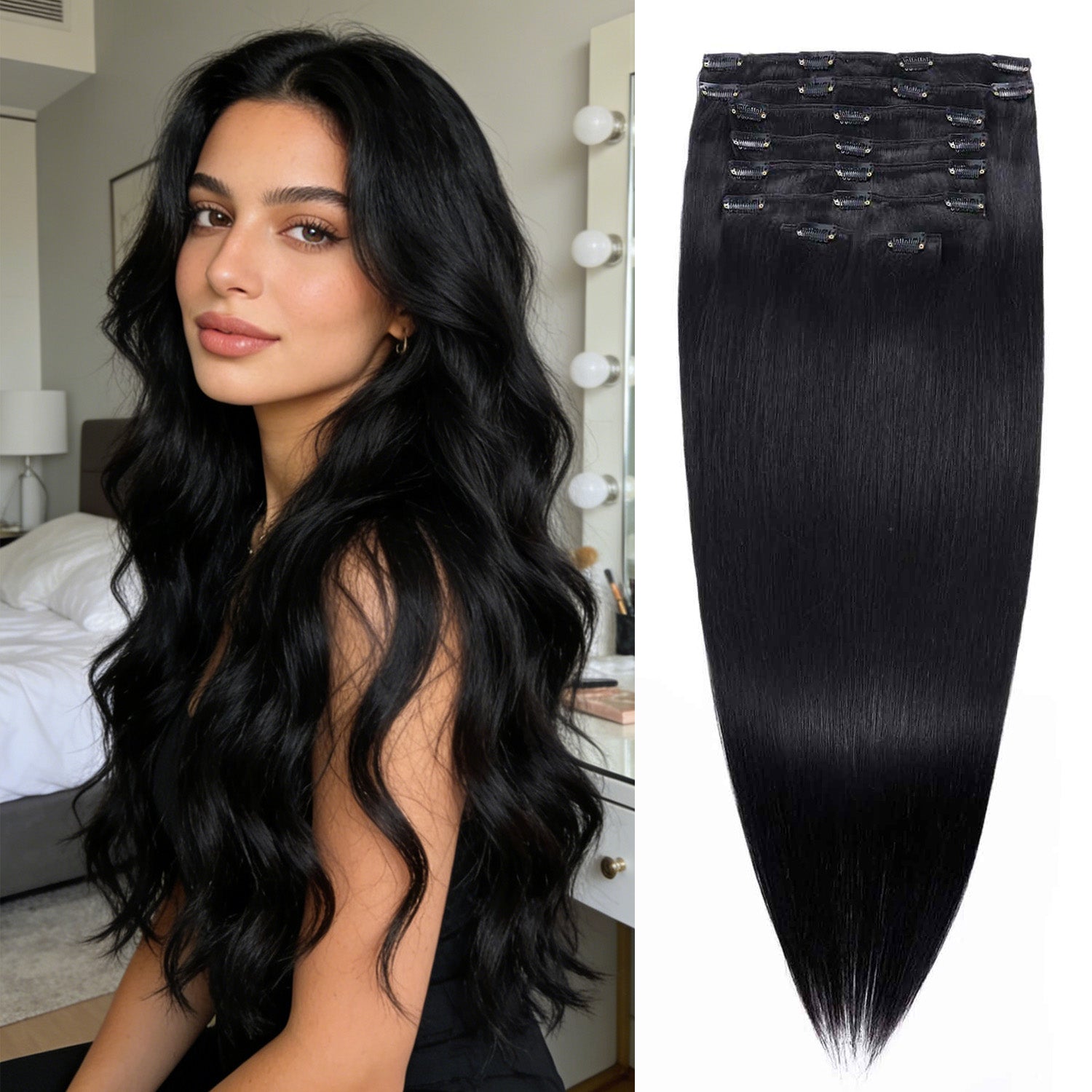 RICH COCO Body Wave 8PCS Clip In Human Hair Extensions – Full Head Set, Natural Blend