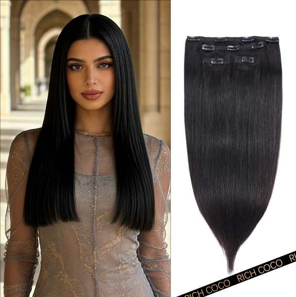 RICH COCO 4-Piece Clip-In Straight Extensions with Natural Finish – 100% Human Hair