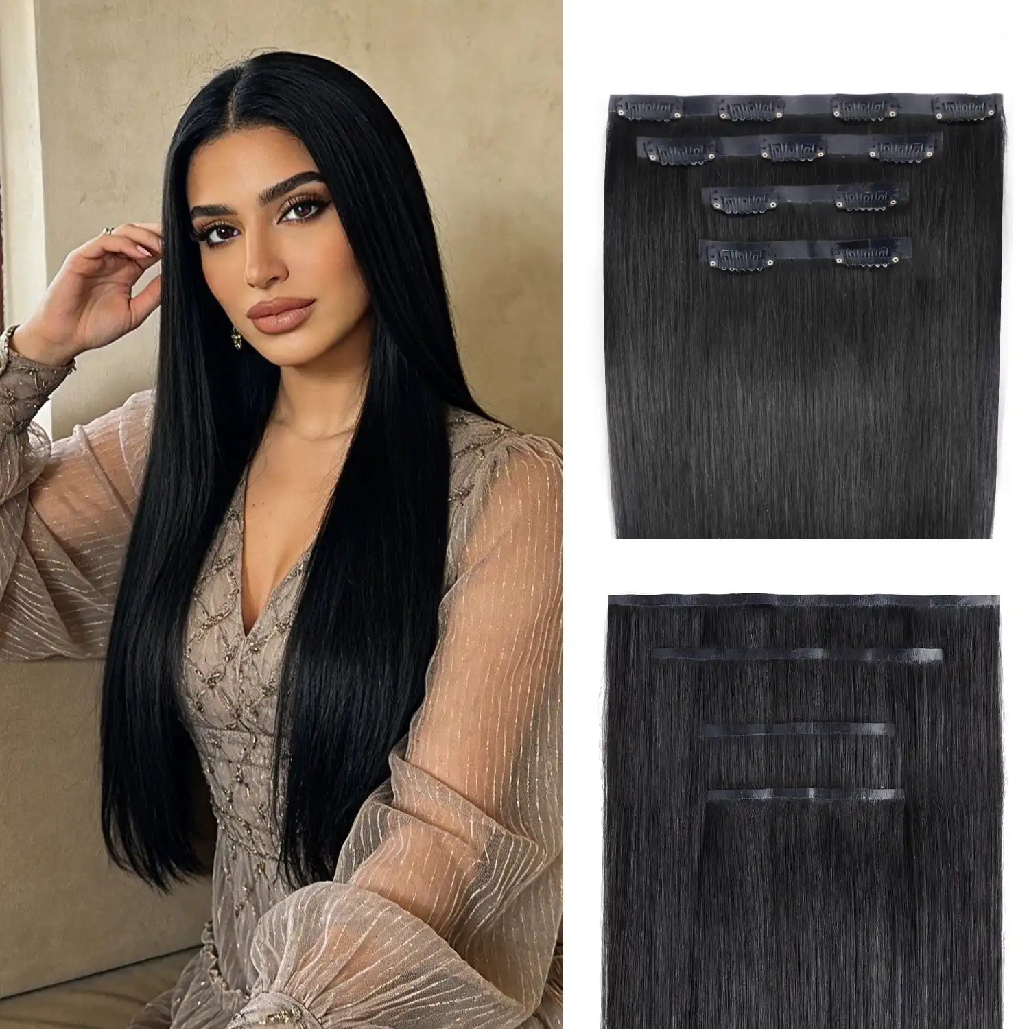RICH COCO 4Pcs Seamless Clip-in Hair -100% Human Brown Hair Extensions