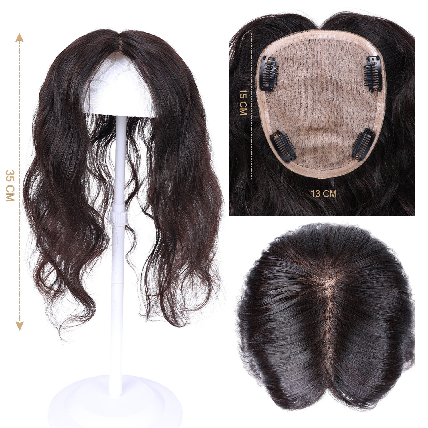 Natural Clip-In Top Hair Piece with Scalp Base – Multiple Sizes, Curly